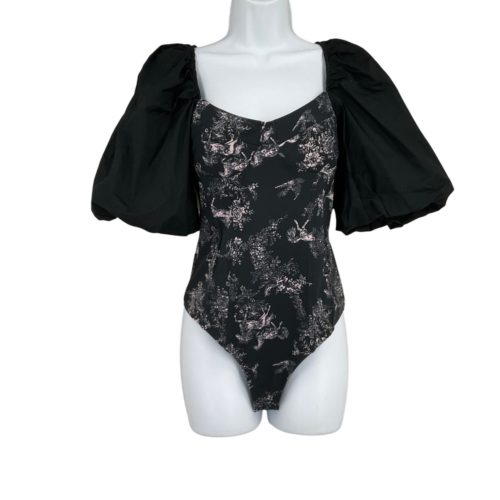 Free People Bodysuit Womens XS Black Toile Puff Sleeve Sweetheart Balletcore NEW